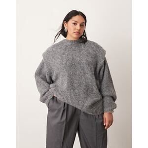 Arrange rib Knit Shoulder Pad Sweater Grey Wool Blend Small